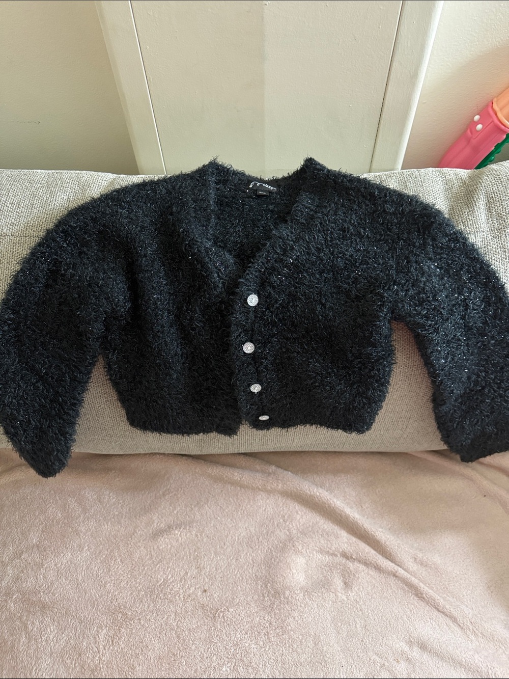 art class Black Fuzzy Pearl-Button Cardigan